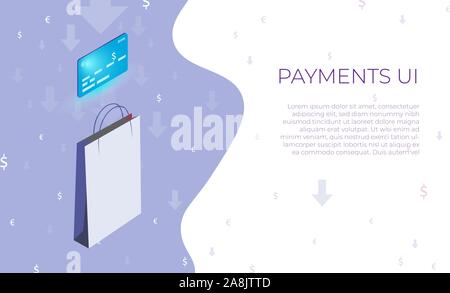 Isometric bank credit or debit card with a shopping bag. Omline purchase and buying. Part of UI design for apps and websites. Stock Vector