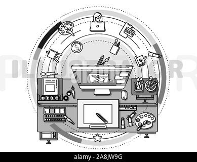 Promo for illustrators is a modern, stylish illustration. Use it to create promotional about your services and skills. Stock Vector