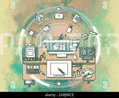 Creative, complex illustration on illustrators. The image contains many elements and icons, which makes it easy and diverse to use it in your advertis Stock Vector