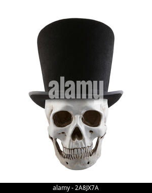 Human skull with extra tall black vintage top hat isolated on white background Stock Photo