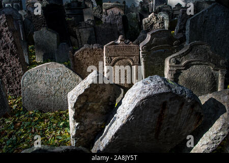 Old Weathered Tombstones On Jewish Cemetery In Prague In The Czech Republic Stock Photo