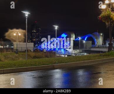 The beautiful new Johnson Street Bridge in downtown Victoria, BC, Canada, at night. Stock Photo