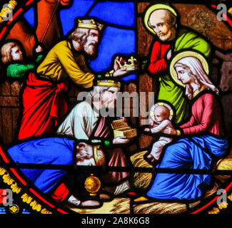 Stained Glass in the Chapel of Notre-Dame-des-flots (1857) in Sainte Adresse, Le Havre, France, depicting the Epiphany or Visit of the Three Kings in Stock Photo