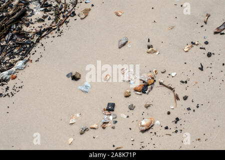 Debris and shells washed up from the ocean onto the sandy beach in Mississippi. Bokeh effect. Stock Photo
