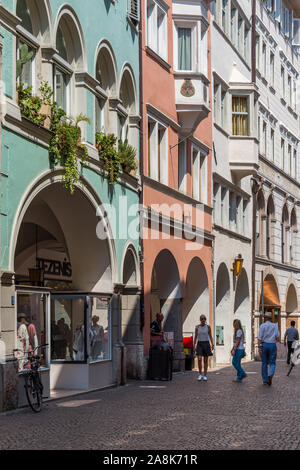 BOLZANO, ITALY - JULY 20, 2019 -  The centre of old Bolzano, with its colored houses Stock Photo
