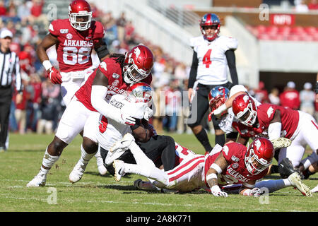 November 9, 2019: DeAngelo Malone #10 Hilltoppers defense lineman glances  to the sidelines for the defensive signal. Western Kentucky defeated  Arkansas 45-19 in Fayetteville, AR, Richey Miller/CSM Stock Photo - Alamy