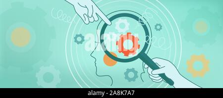 The psychological concept of human thinking, brain mechanics, complexes, problems. Illustration face in profile, facebook cover Stock Vector
