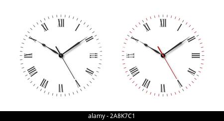 Vector Classic Simple Wall Clock or Watch Dial with Roman Numbers Set Isolated on White Background. Design Template. Front View Stock Vector