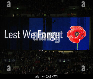 London, UK. 09th Nov, 2019. Minutes silence for Armistice Day (actual date is Nov 11th) before the womens international friendly between England and Germany at Wembley Stadium in London, England. Germany ultimately won the game 2-1 with the winner coming in the 90th minute. Credit: SPP Sport Press Photo. /Alamy Live News Stock Photo