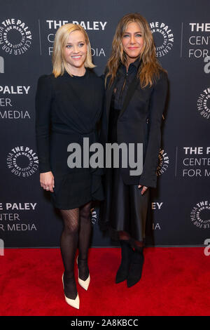 NEW YORK, NY - OCTOBER 29: Reese Witherspoon and Jennifer Aniston attend PaleyLive NY Presents: Apple TV+'s 'The Morning Show' at The Paley Center For Stock Photo