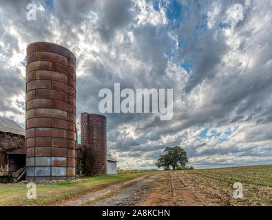 Barn with two silos on a farm under a stormy sky with a tree in the background in North Carolina Stock Photo