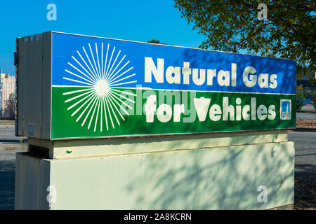 Natural gas for vehicles sign advertises cleanest burning alternative fuel compressed natural gas CNG fueling station PG&E, Pacific Gas and Electric Stock Photo