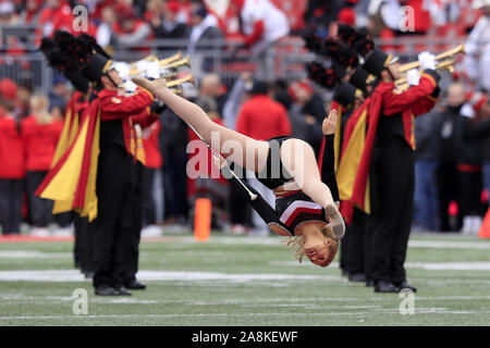 Columbus, United States. 09th Nov, 2019. Maryland Terrapins's majorette does a flip during the pregame performance against the Ohio State Buckeyes Saturday, November 9, 2019 in Columbus, Ohio. Photo by Aaron Josefczyk/UPI Credit: UPI/Alamy Live News Stock Photo