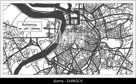 Antwerp Belgium City Map in Black and White Color. Outline Map. Vector Illustration. Stock Vector