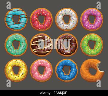 big donuts set on dark Stock Vector
