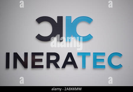 Eggenstein Leopoldshafen, Germany. 06th Nov, 2019. Ineratec's logo can be seen on a research facility that uses Power-to-X (P2X) technologies to convert electricity from renewable sources and material resources such as water and carbon dioxide into fuels. Credit: Marijan Murat/dpa/Alamy Live News Stock Photo