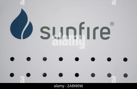 Eggenstein Leopoldshafen, Germany. 06th Nov, 2019. Sunfire's logo can be seen on a research facility that uses Power-to-X (P2X) technologies to convert electricity from renewable sources and material resources such as water and carbon dioxide into fuels. Credit: Marijan Murat/dpa/Alamy Live News Stock Photo