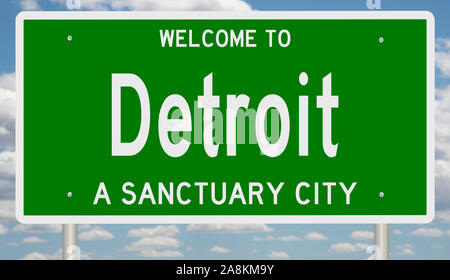 Rendering of a green 3d highway sign for Detroit, a sanctuary city Stock Photo