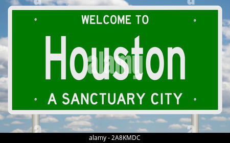 Rendering of a green 3d highway sign for Houston, a sanctuary city Stock Photo