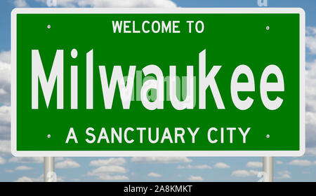 Rendering of a green 3d highway sign for Milwaukee, a sanctuary city Stock Photo