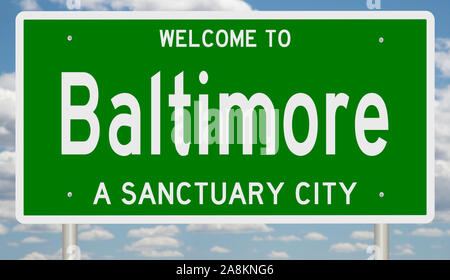 Rendering of a green 3d highway sign for sanctuary city Baltimore Stock Photo