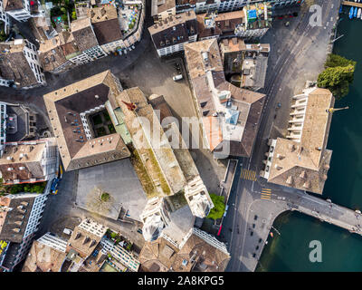 Top down view of the Grossmuenster cathedral in Zurich old town in Switzerland largest city Stock Photo