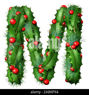 Holiday font letter M as a festive winter season decorated garland as a Christmas  or New Year seasonal alphabet lettering isolated on a white. Stock Photo