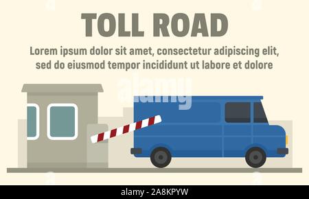 Delivery truck on toll road concept banner. Flat illustration of delivery truck on toll road vector concept banner for web design Stock Vector