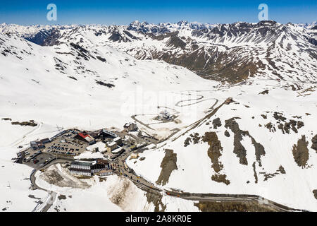 Aerial view of the top of the Stelvio alpine pass in near Bormio in Northern Italy Stock Photo