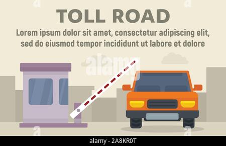 Car on toll road concept banner. Flat illustration of car on toll road vector concept banner for web design Stock Vector
