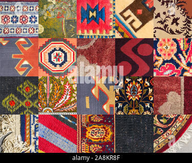 Composite image, collage from square fragments of handwoven Turkish carpets made of wool and silk. Rich vibrant colorful background from oriental hand Stock Photo