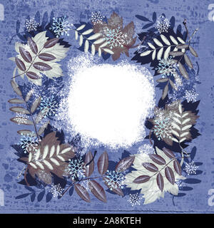 Festive greeting Hello Winter. Floral romantic frame made of hand drawn leaves and snowflakes. Invitation or greeting card. Cover, wrapper Stock Photo