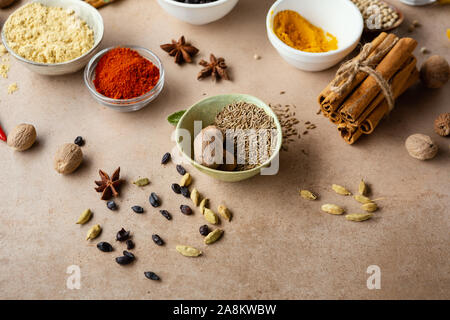 Various spice in small bowls Stock Photo