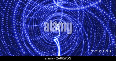 Array with dynamic particles. Swirl with connected dots. Abstract science or technology background. 3d vector illustration. Stock Vector