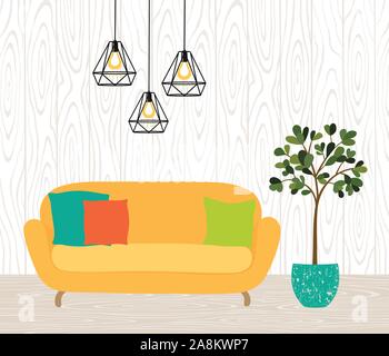 The interior of the room with a yellow sofa, lamps and a houseplant. Brick wall, wooden floor. Vector flat illustration Stock Vector