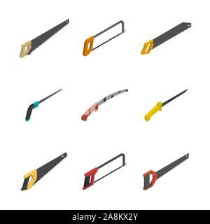 Set of various hacksaws and saws isolated on a white background. Flat 3D isometric style, vector illustration. Stock Vector