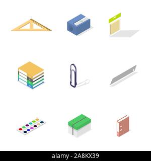 Set of icons isolated on white background, office and school. Flat 3d isometric style, vector illustration. Stock Vector
