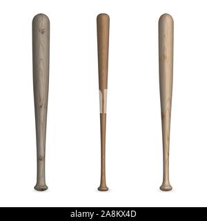 Set of various wooden baseball bats isolated on a white background. Front view, vector illustration. Stock Vector