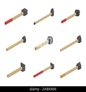 Set of different hammers isolated on white background. Elements design of the working tool. Flat 3d isometric style, vector illustration. Stock Vector