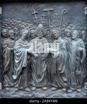 Monument of St. Cyril and Methodius  in downtown of Skopje, Macedonia Stock Photo