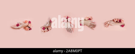 Set hands with artificial flowers sticking out of hole pink paper background. Hand in various poses, the pattern layout for your collage. Cosmetics ha