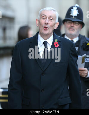 New Speaker of the House of Commons, Sir Lindsay Hoyle and wife Catherine Swindley in Downing Street arriving for the Remembrance Sunday service at the Cenotaph memorial in Whitehall, central London. Stock Photo