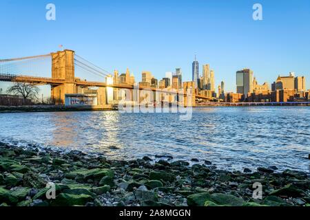 Brooklyn Bridge in the morning light, view from Main Street Park over the East River to the skyline of Manhattan with Freedom Tower or One World Stock Photo