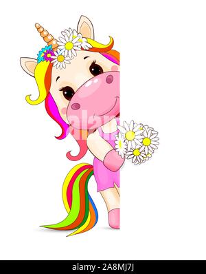 Little unicorn with a bouquet of flowers on white. The little baby is a unicorn. Stock Vector