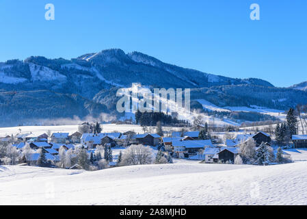 First natural and artificial snow in the Allgäu mountains near Nesselwang Stock Photo