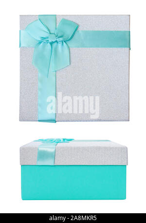 Silver Glitter Christmas Gift Box with turquoise bow Stock Photo