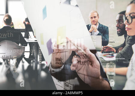 Collage of business people work together drawing a business diagram with marking pen. concept of teamwork, partnership and success. Double exposure Stock Photo