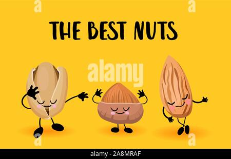 The best nuts character. Useful vegan food. Nuts are good. Stock Vector