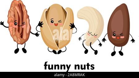 Cute cartoon character. Walnut character. Vector illustration isolated on white background. Pili, cashew, pistachio and pine nuts.. Stock Vector
