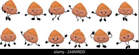 Set of character nuts. Hazelnut with hands and face. Useful food. Protein.. Stock Vector